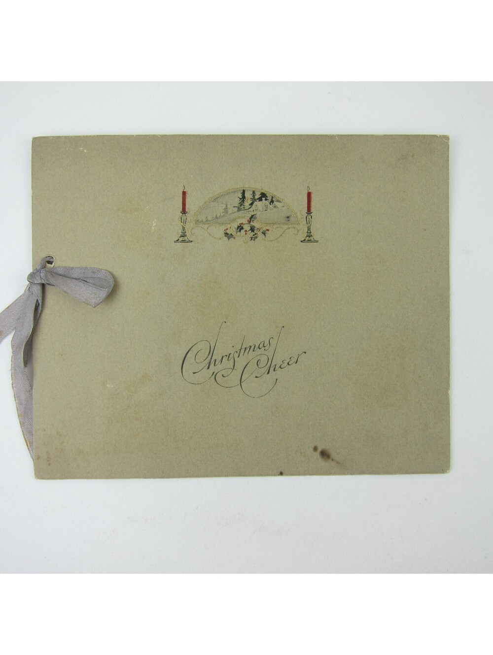 Antique Christmas Card Red Candle Sticks Snowy House Trees Holly Berries Ribbon